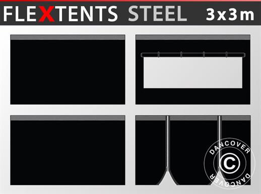Šoninės sienelės rinkinys išskleidžiamoms pavėsinėms FleXtents Steel ir Basic v.3 3x3m, Juoda