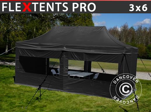 Apmeklētāju telts FleXtents PRO 3x6m Melns, ar 6 sānsienām  un 1 caurspīdīgu starpsienu