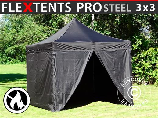 Quick-up telt FleXtents PRO Steel 3x3m Svart, Flammehemmende, inkl. 4 sider